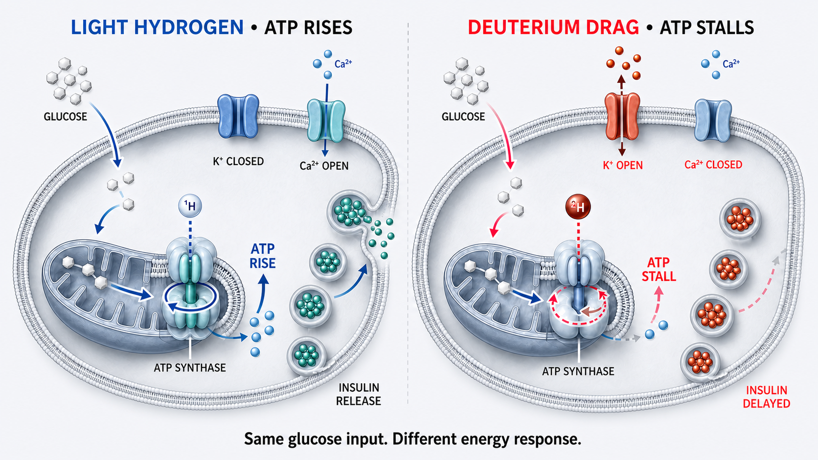 Two pancreatic beta cells compare light hydrogen with deuterium. Light hydrogen lets ATP synthase raise ATP, close potassium channels, open calcium channels, and release insulin. Deuterium slows ATP synthase, leaving potassium channels open, calcium channels closed, and insulin release delayed.