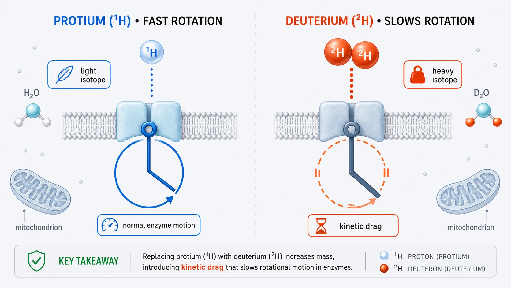 A paired comparison of the ATP synthase motor. A light protium ion supports fast normal rotation, while the heavier deuterium ion adds kinetic drag and slows the same molecular motor.