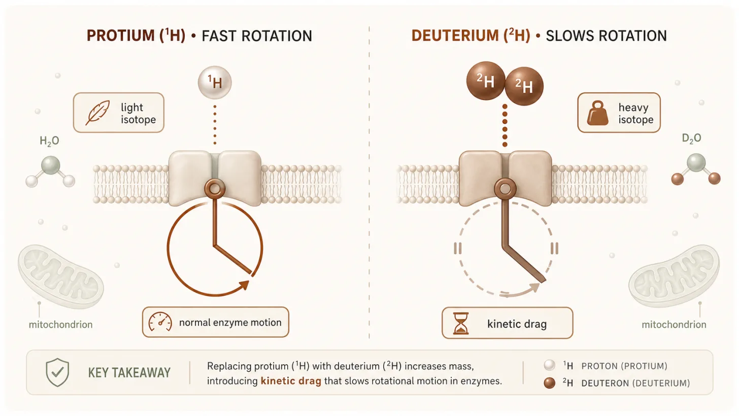 Protium (light hydrogen) keeps the ATP-synthase rotor spinning at normal speed; deuterium (heavy hydrogen) adds kinetic drag that slows the rotor.