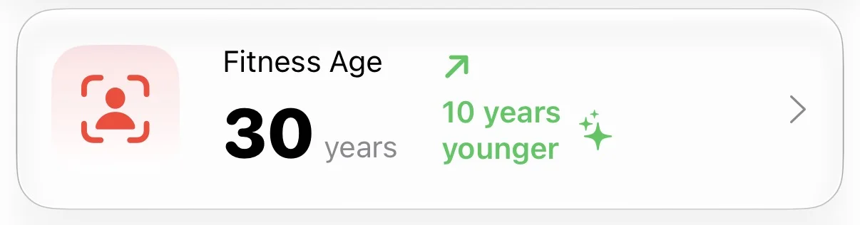 Body Insights Fitness Age card showing 30 years and 10 years younger.