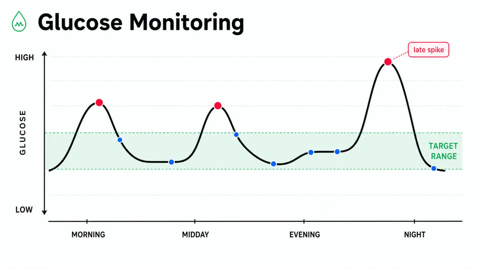 A smooth glucose curve across twenty-four hours with three meal-driven peaks at breakfast, lunch, and dinner, each returning toward a shaded baseline range. The night portion is flat and low.