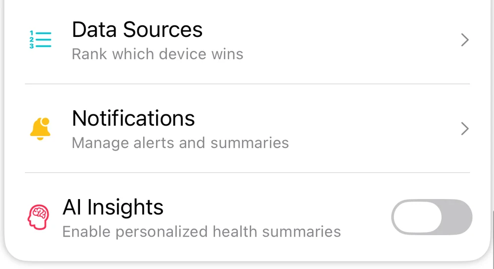Body Insights settings showing the AI Insights toggle.