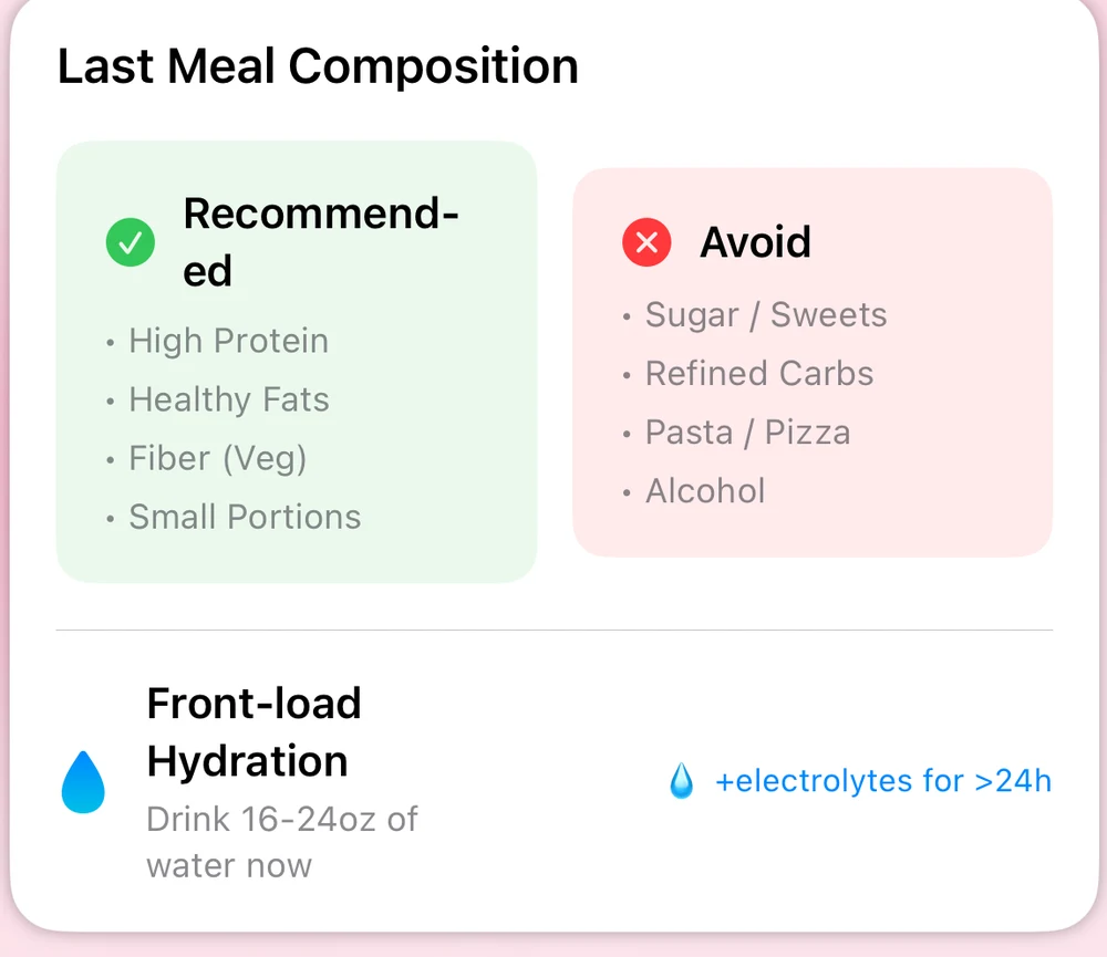 Body Insights Last Meal Composition card with foods to recommend and avoid before a fast.