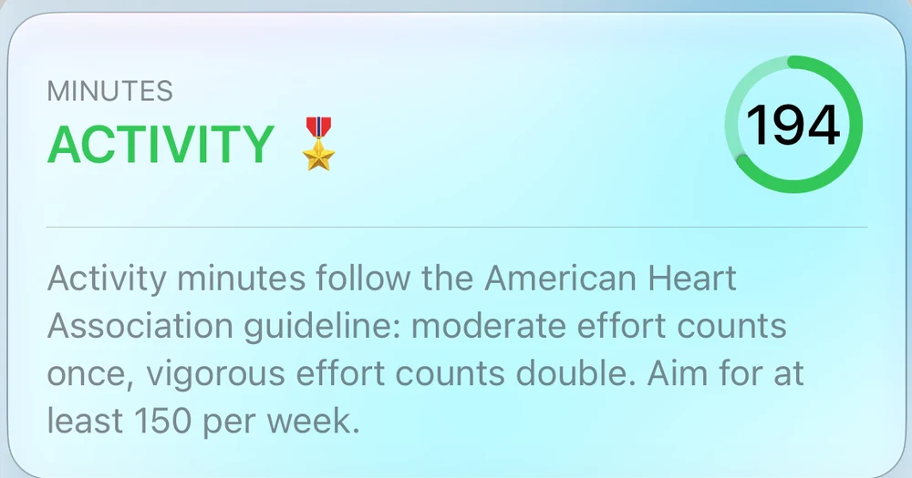 Body Insights Activity Minutes card showing 194 minutes against the 150-minute weekly guideline.