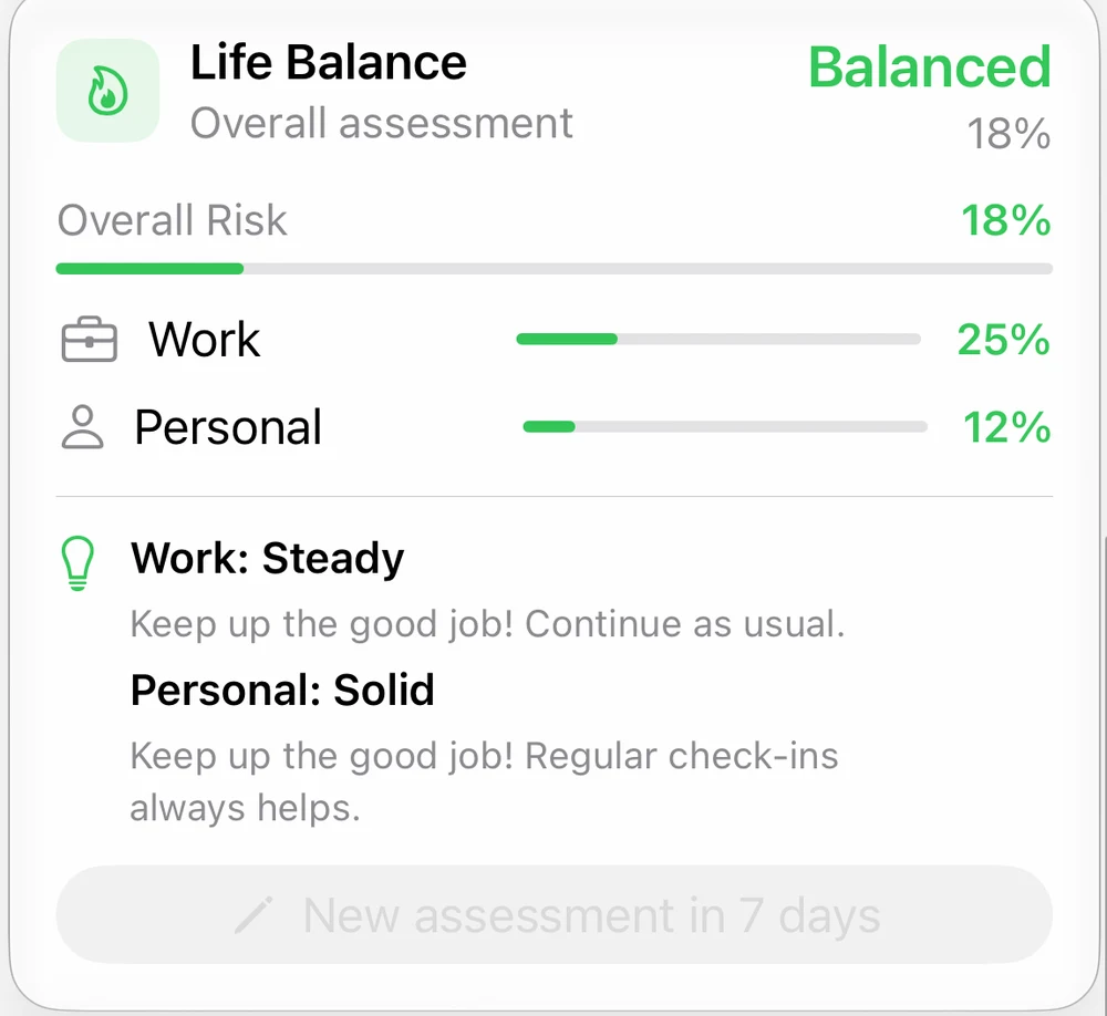 Body Insights Life Balance card showing work and personal balance.