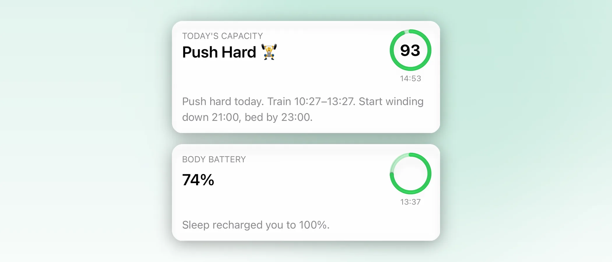 Body Insights Today's Capacity and Body Battery cards with a training window and bedtime.