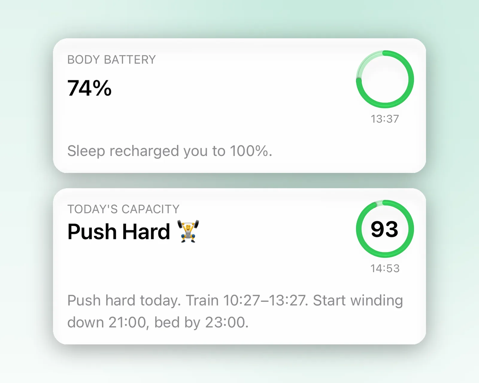 Body Insights Body Battery and Today's Capacity cards.