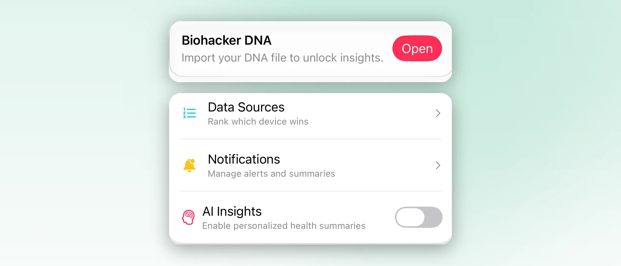 Body Insights Biohacker DNA import card and AI Insights setting.