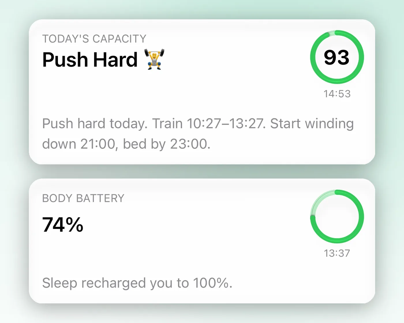 Body Insights Today's Capacity and Body Battery cards for the morning.