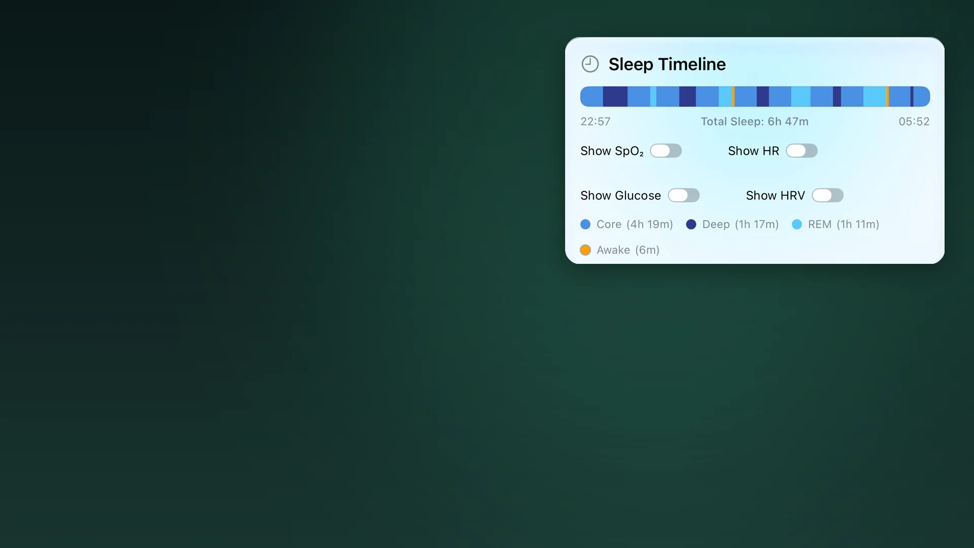 Body Insights Sleep Timeline showing deep, REM and awake stages.
