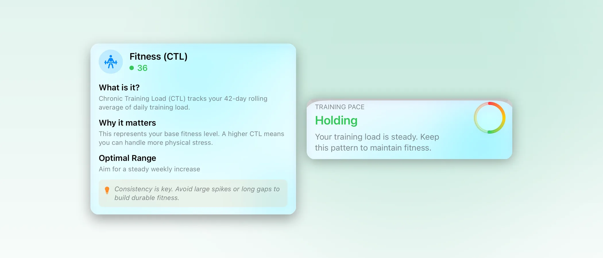 Body Insights Fitness (CTL) explanation and Training Pace card.
