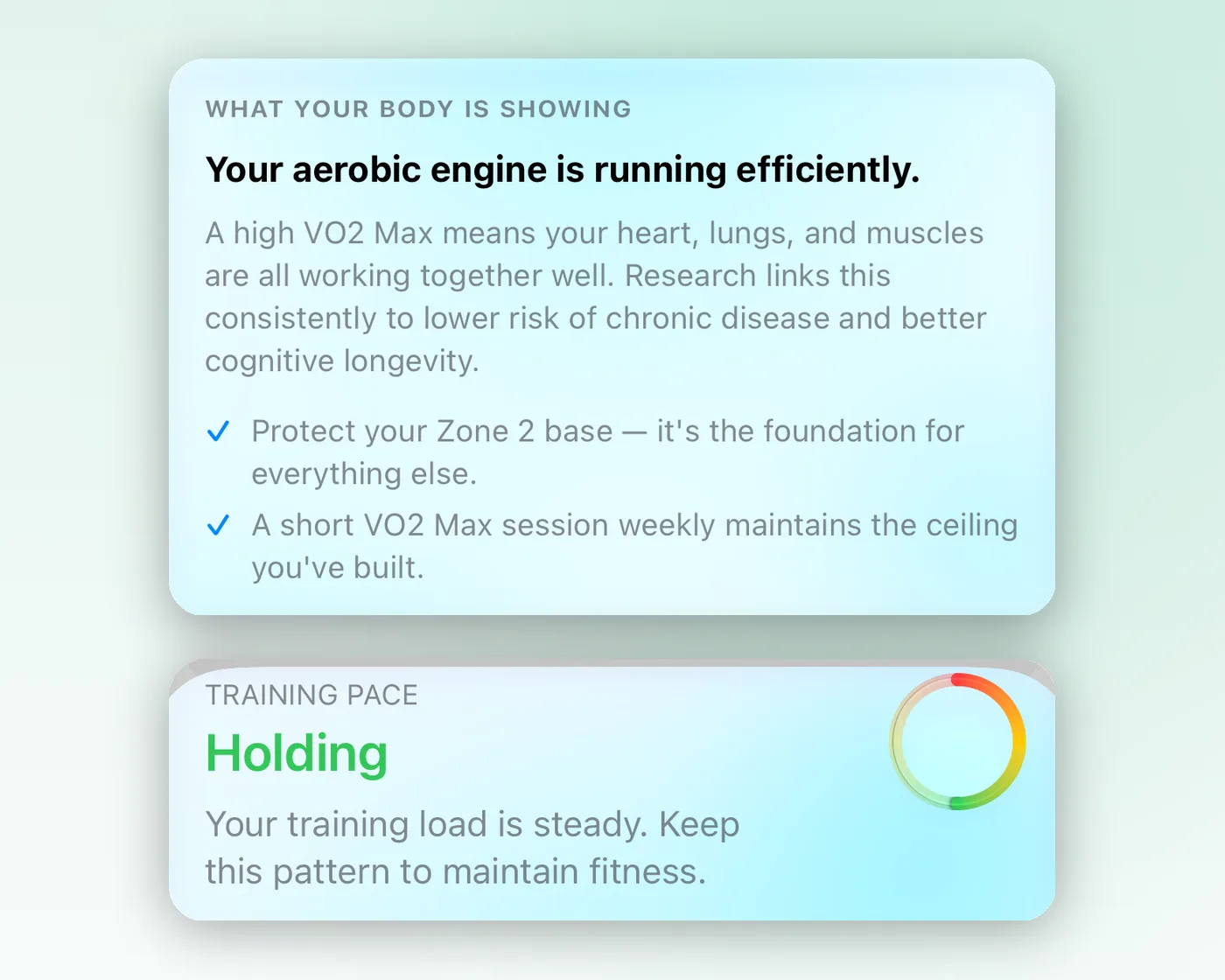 Body Insights fitness insight and Training Pace cards.