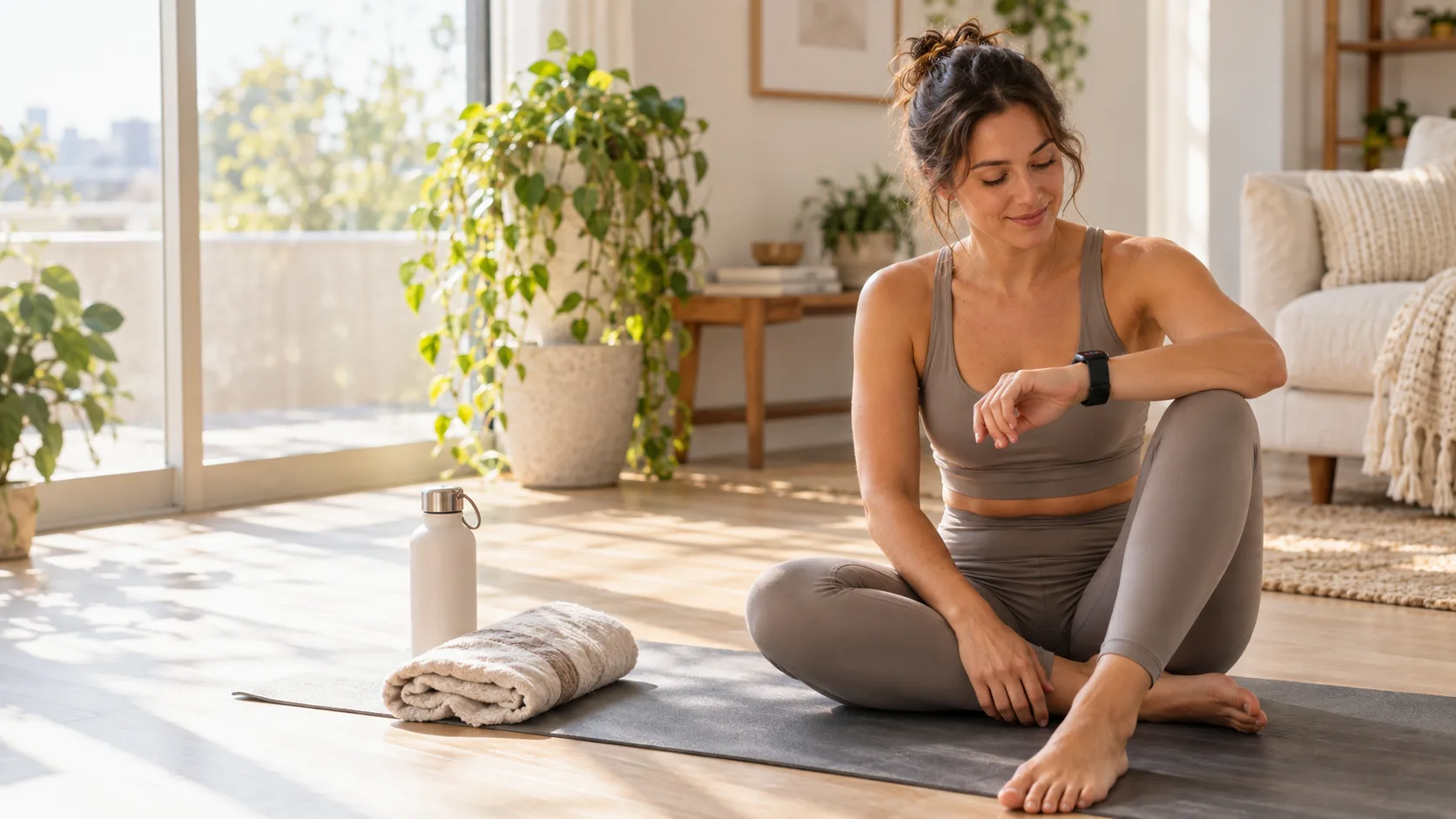 En kvinne sjekker klokken mens hun sitter på en yogamatte
