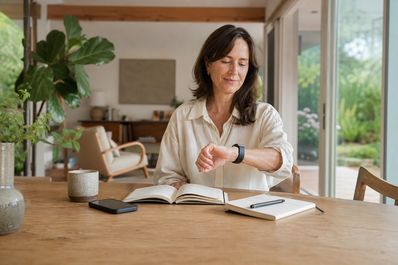 A person checks a smartwatch before deciding how hard to exercise