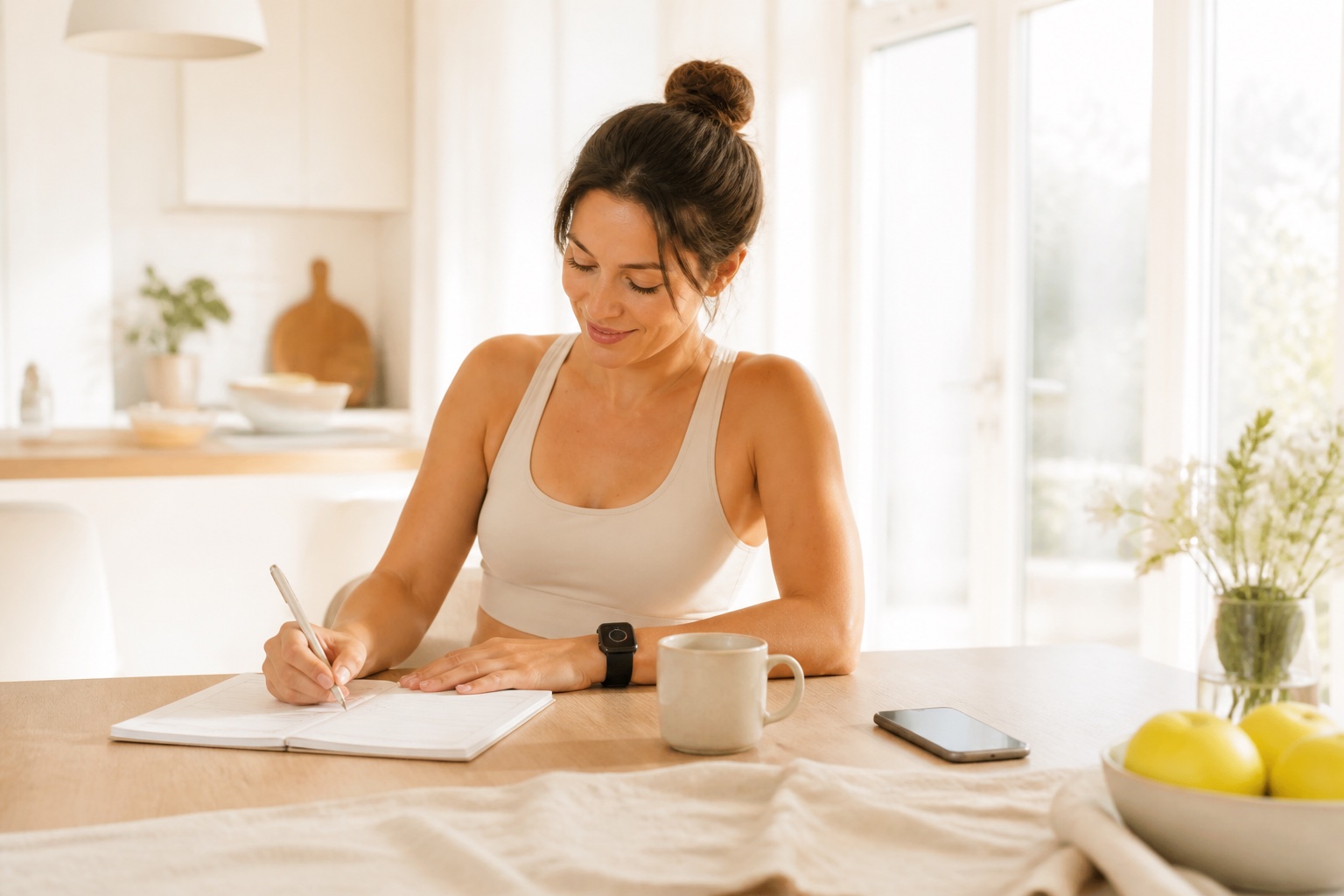 A woman wearing an Apple Watch writes her morning plan at a bright kitchen table.