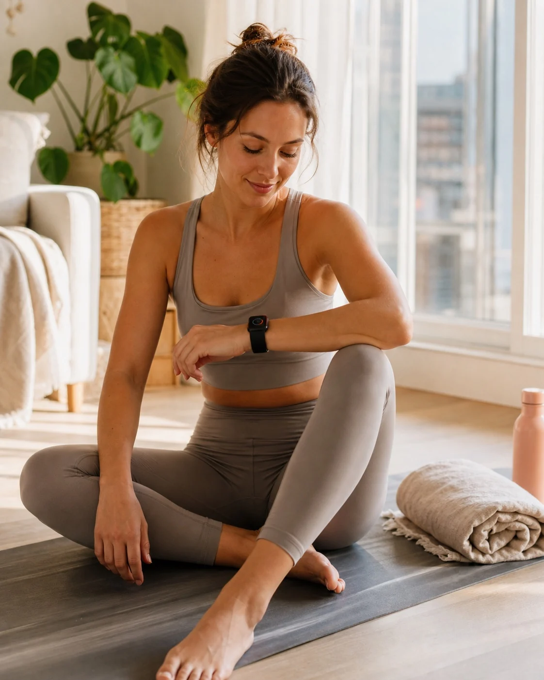 A woman wearing an Apple Watch sits on a yoga mat at home.